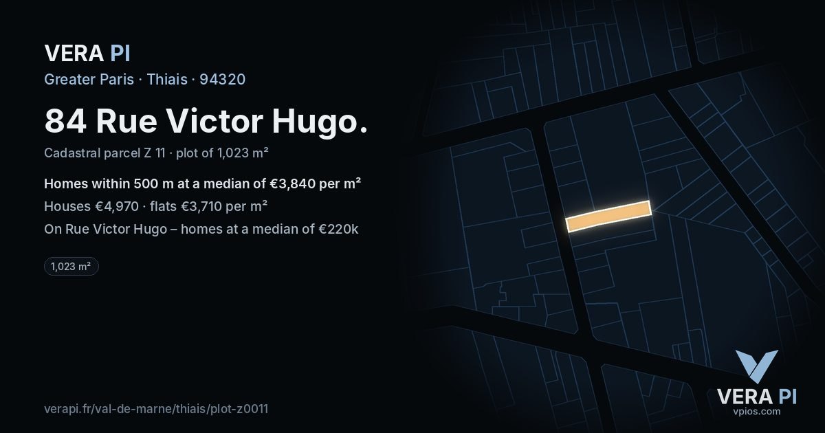 84 Rue Victor Hugo, Thiais at night – the plot lit, the parcels around coloured by the prices near them