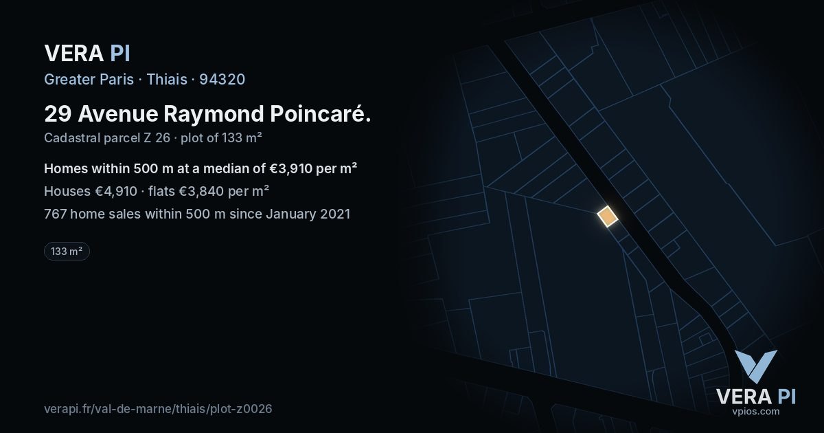 29 Avenue Raymond Poincaré, Thiais at night – the plot lit, the parcels around coloured by the prices near them