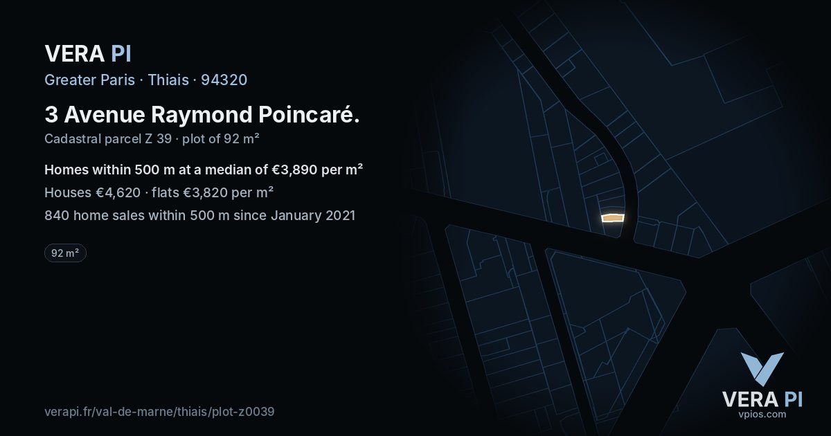 3 Avenue Raymond Poincaré, Thiais at night – the plot lit, the parcels around coloured by the prices near them