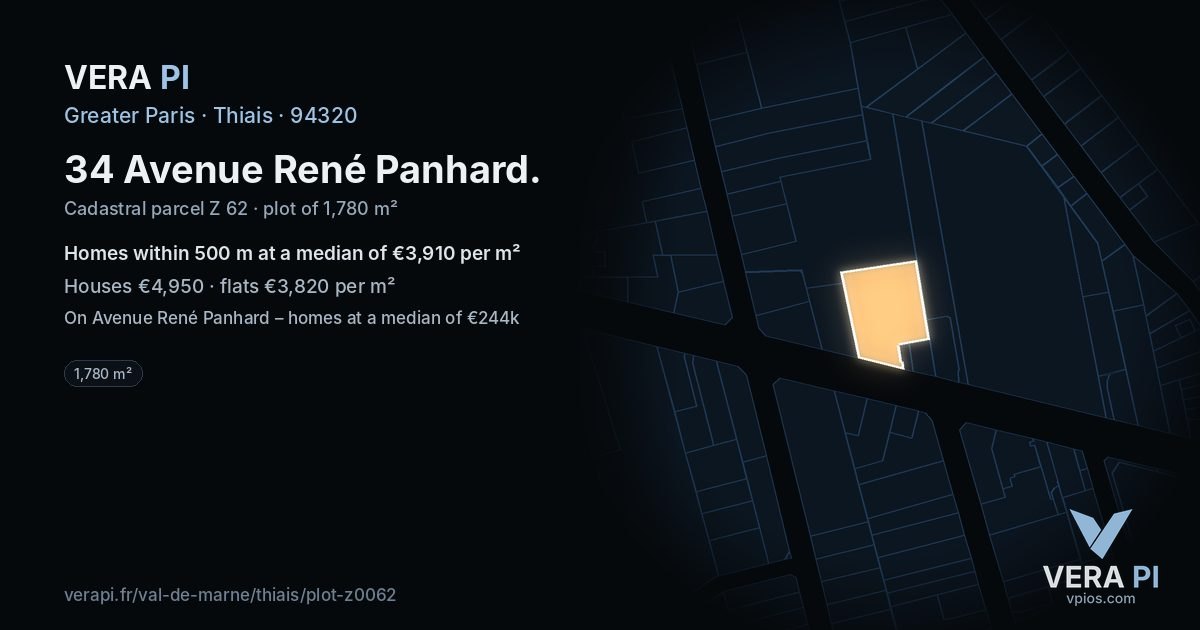 34 Avenue René Panhard, Thiais at night – the plot lit, the parcels around coloured by the prices near them