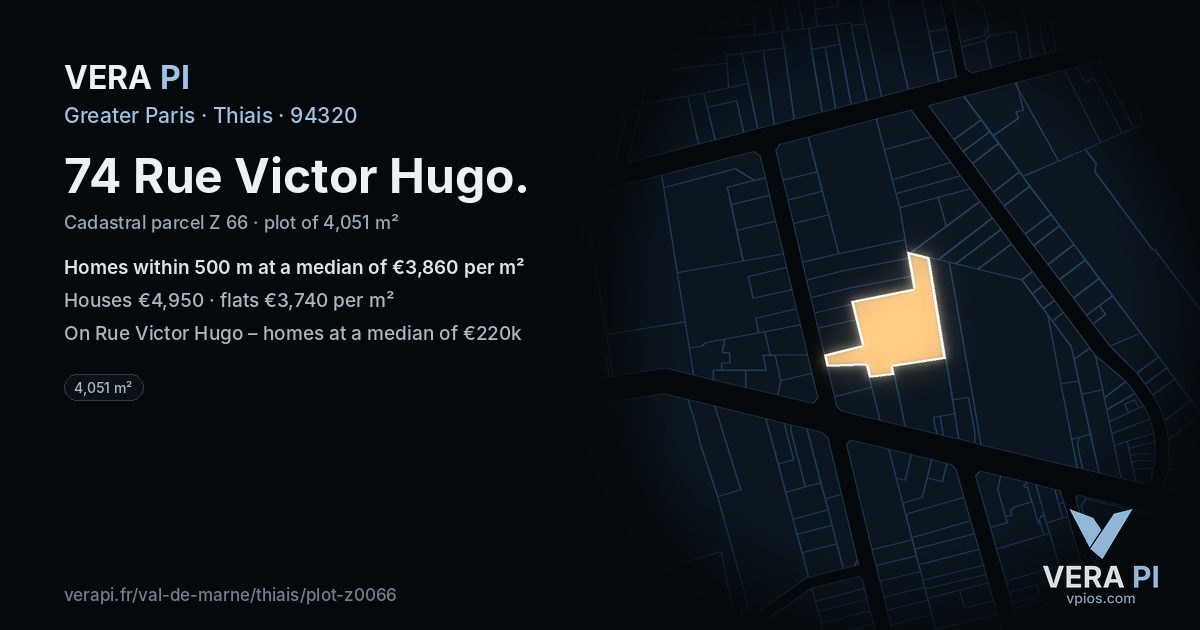 74 Rue Victor Hugo, Thiais at night – the plot lit, the parcels around coloured by the prices near them