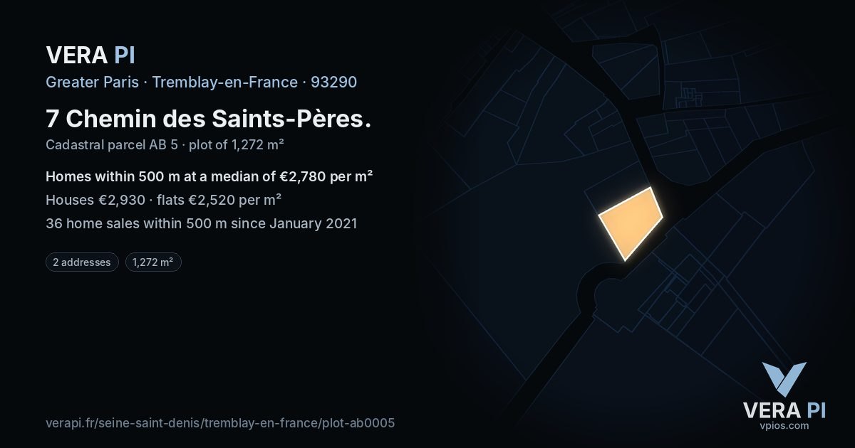 7 Chemin des Saints-Pères, Tremblay-en-France at night – the plot lit, the parcels around coloured by the prices near them