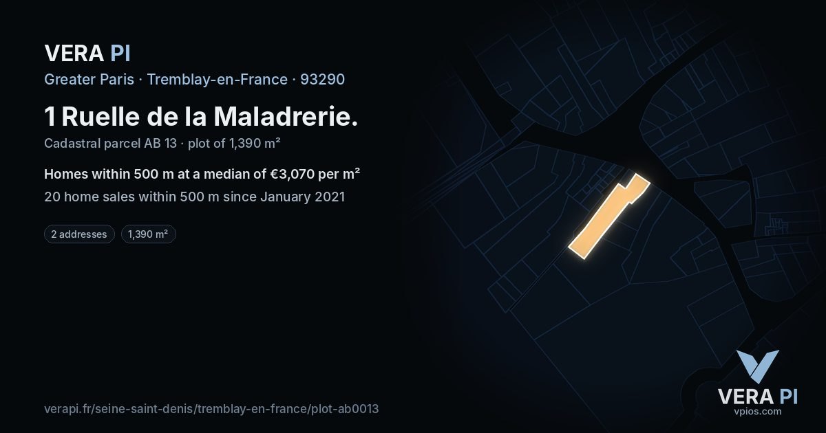 1 Ruelle de la Maladrerie, Tremblay-en-France at night – the plot lit, the parcels around coloured by the prices near them