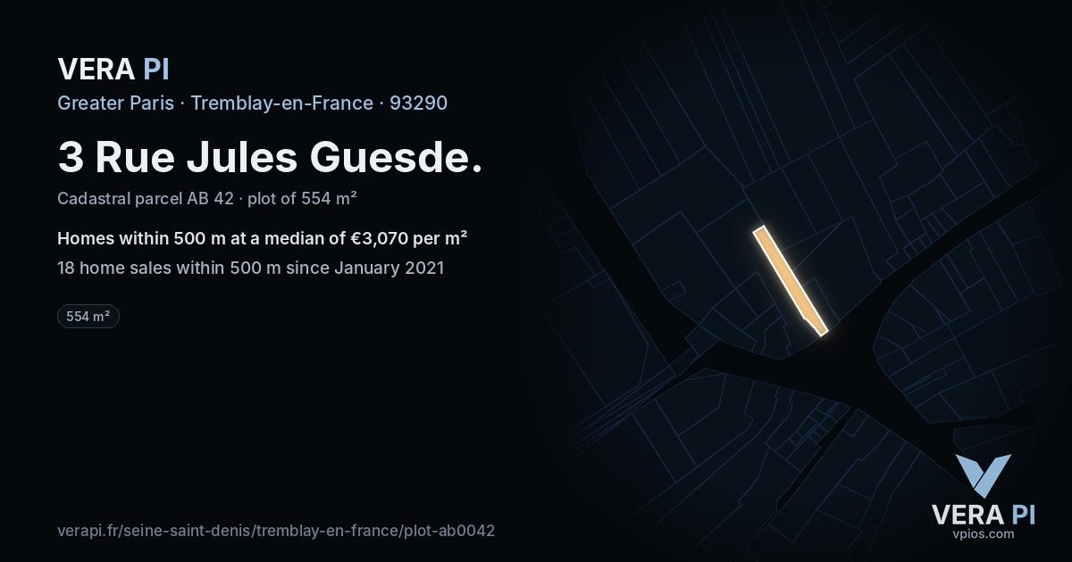 3 Rue Jules Guesde, Tremblay-en-France at night – the plot lit, the parcels around coloured by the prices near them