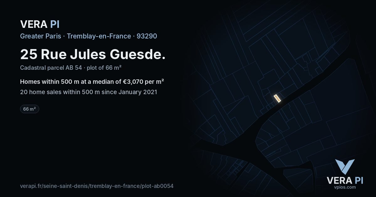 25 Rue Jules Guesde, Tremblay-en-France at night – the plot lit, the parcels around coloured by the prices near them