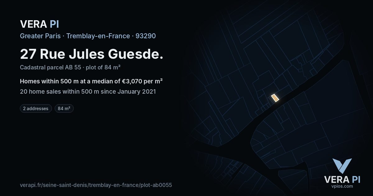27 Rue Jules Guesde, Tremblay-en-France at night – the plot lit, the parcels around coloured by the prices near them