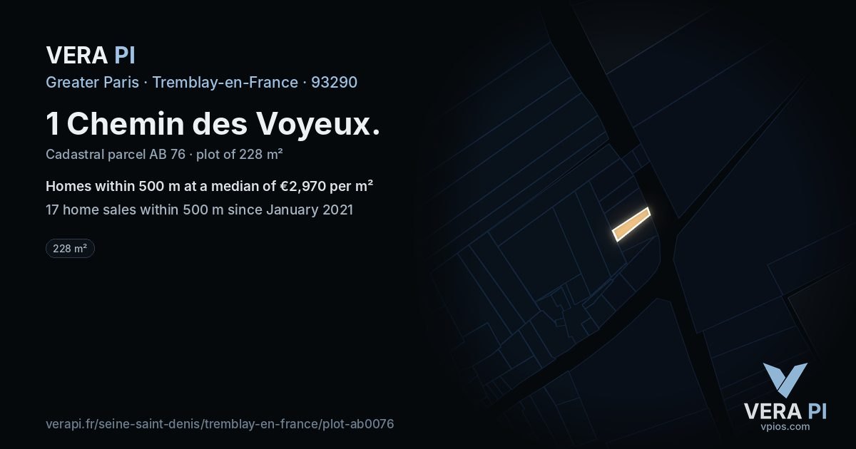 1 Chemin des Voyeux, Tremblay-en-France at night – the plot lit, the parcels around coloured by the prices near them