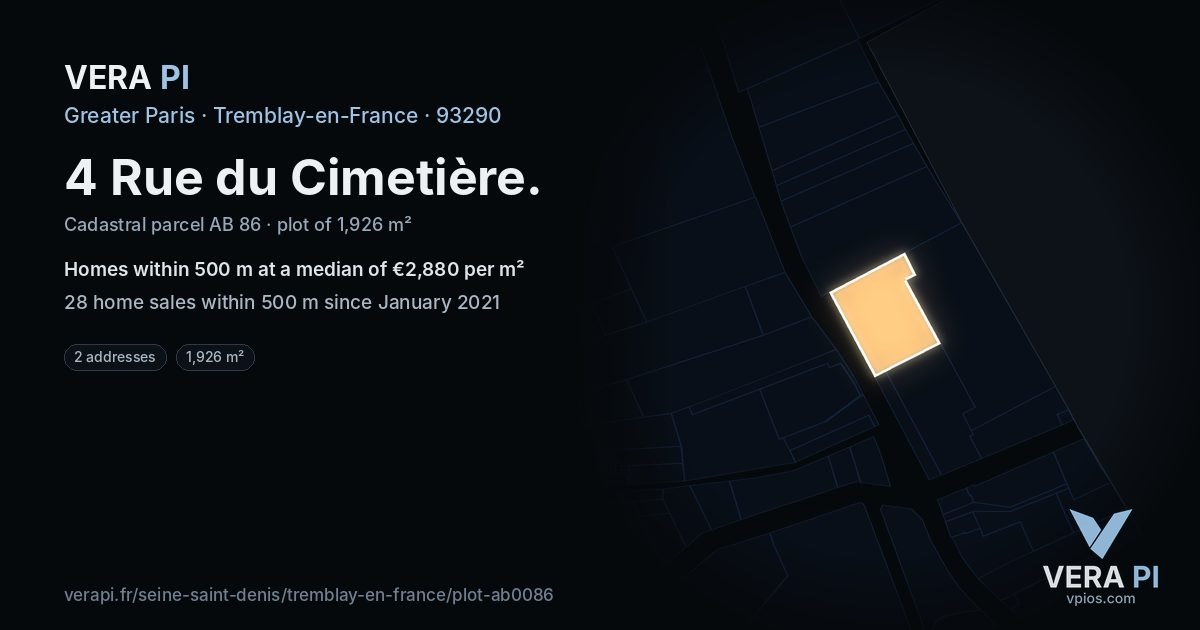 4 Rue du Cimetière, Tremblay-en-France at night – the plot lit, the parcels around coloured by the prices near them