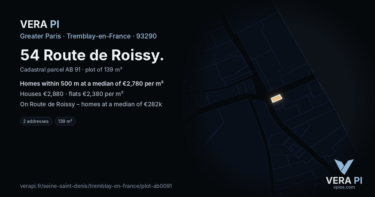 54 Route de Roissy, Tremblay-en-France at night – the plot lit, the parcels around coloured by the prices near them