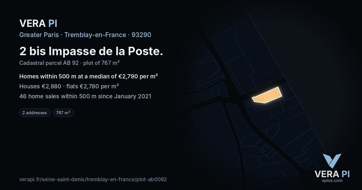 2 bis Impasse de la Poste, Tremblay-en-France at night – the plot lit, the parcels around coloured by the prices near them