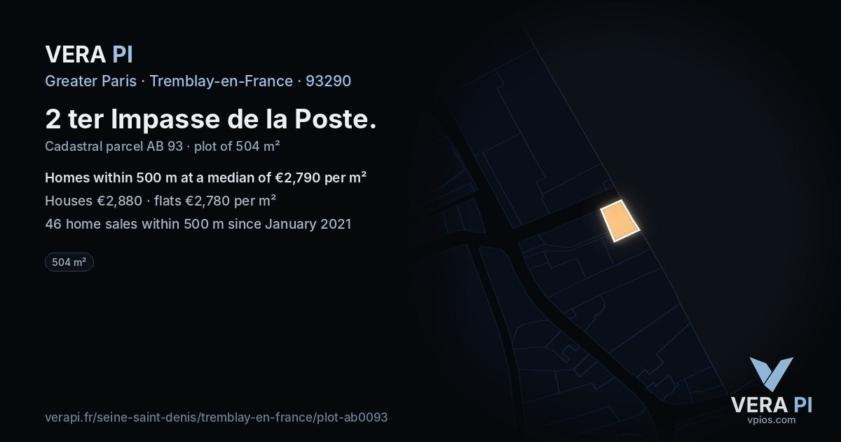 2 ter Impasse de la Poste, Tremblay-en-France at night – the plot lit, the parcels around coloured by the prices near them