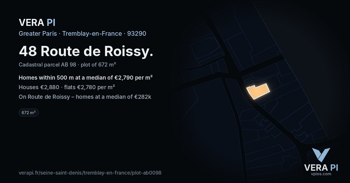 48 Route de Roissy, Tremblay-en-France at night – the plot lit, the parcels around coloured by the prices near them