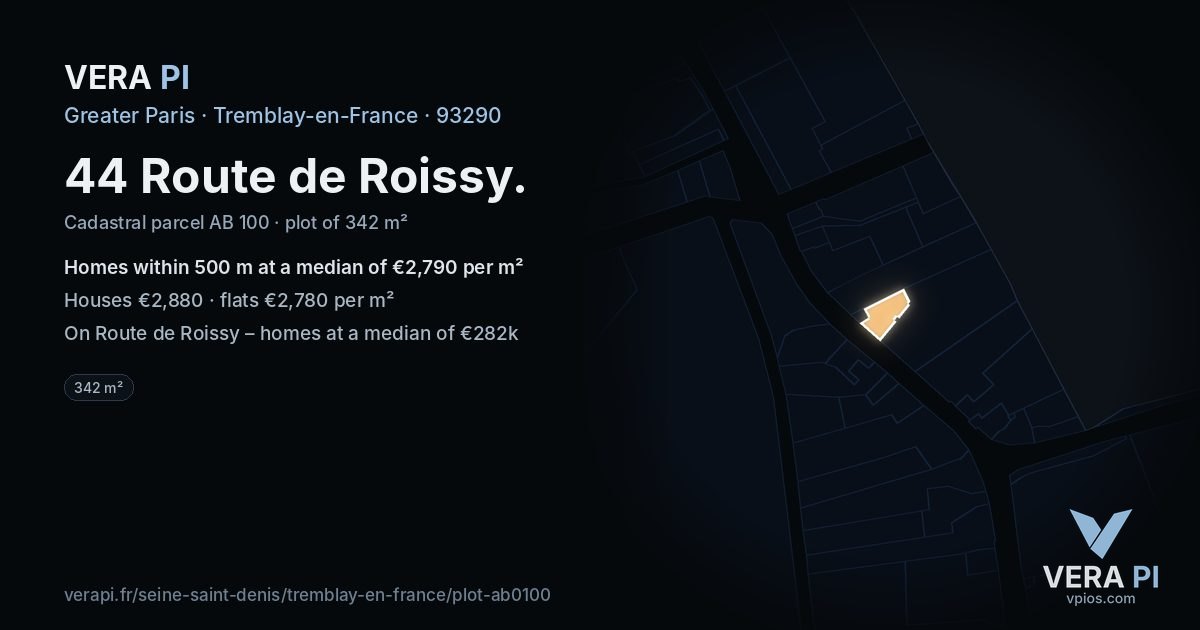 44 Route de Roissy, Tremblay-en-France at night – the plot lit, the parcels around coloured by the prices near them