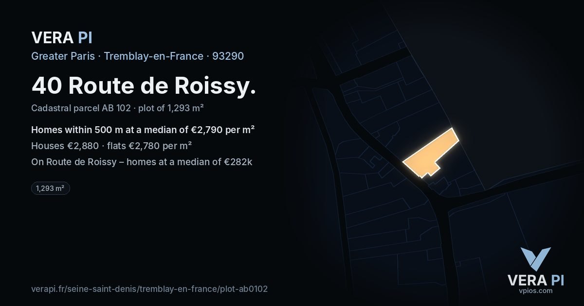 40 Route de Roissy, Tremblay-en-France at night – the plot lit, the parcels around coloured by the prices near them