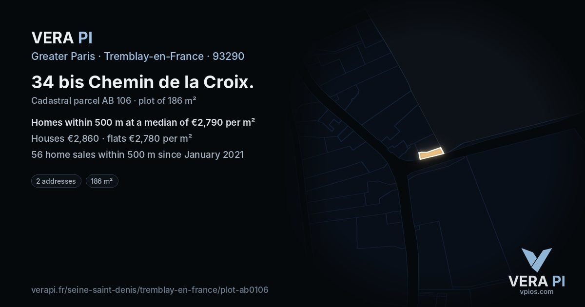 34 bis Chemin de la Croix, Tremblay-en-France at night – the plot lit, the parcels around coloured by the prices near them