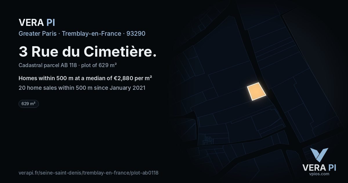 3 Rue du Cimetière, Tremblay-en-France at night – the plot lit, the parcels around coloured by the prices near them