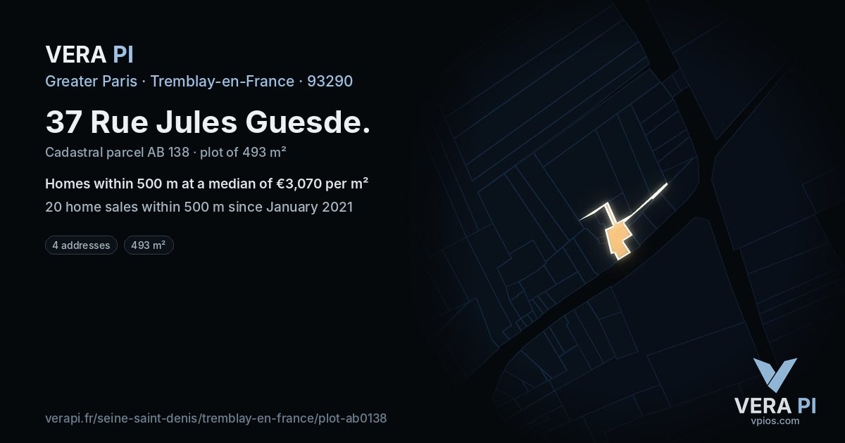 37 Rue Jules Guesde, Tremblay-en-France at night – the plot lit, the parcels around coloured by the prices near them