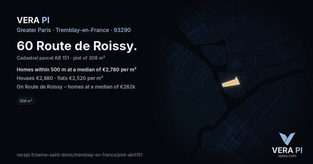 60 Route de Roissy, Tremblay-en-France at night – the plot lit, the parcels around coloured by the prices near them
