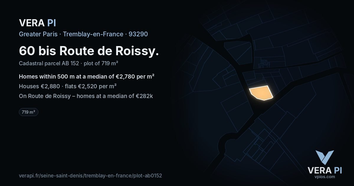 60 bis Route de Roissy, Tremblay-en-France at night – the plot lit, the parcels around coloured by the prices near them