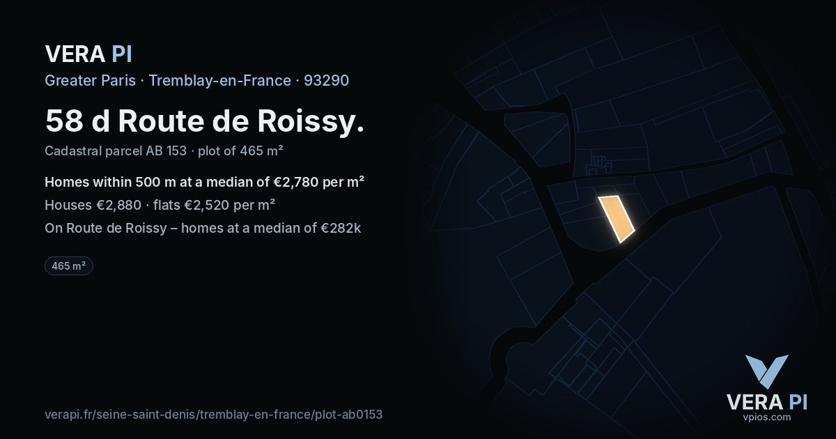 58 d Route de Roissy, Tremblay-en-France at night – the plot lit, the parcels around coloured by the prices near them