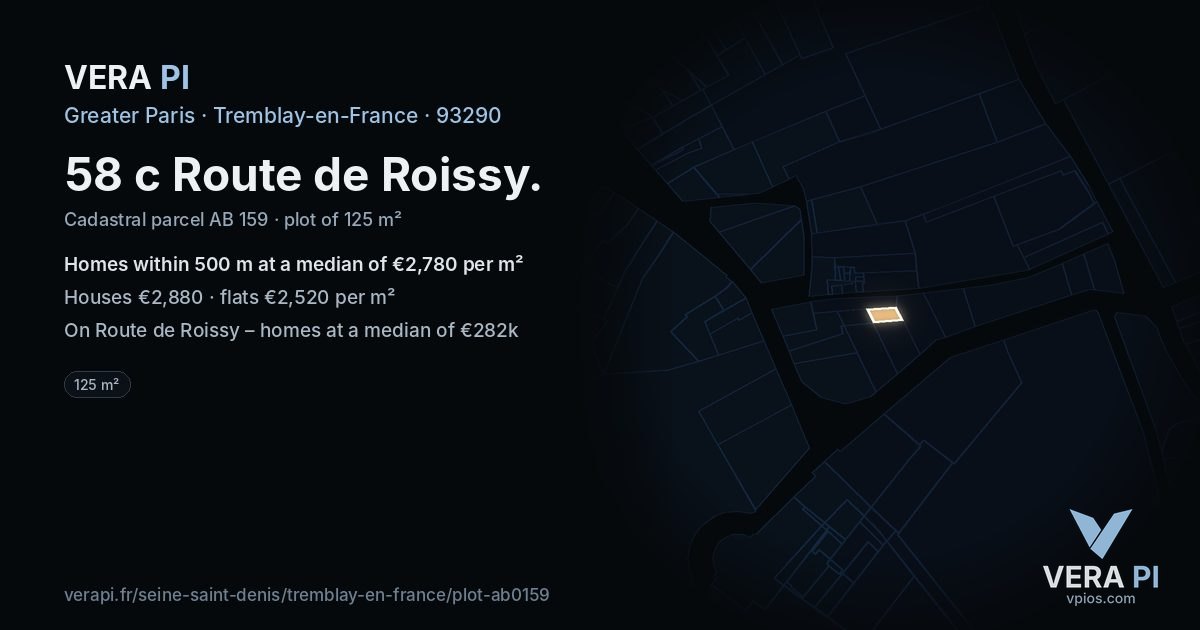 58 c Route de Roissy, Tremblay-en-France at night – the plot lit, the parcels around coloured by the prices near them
