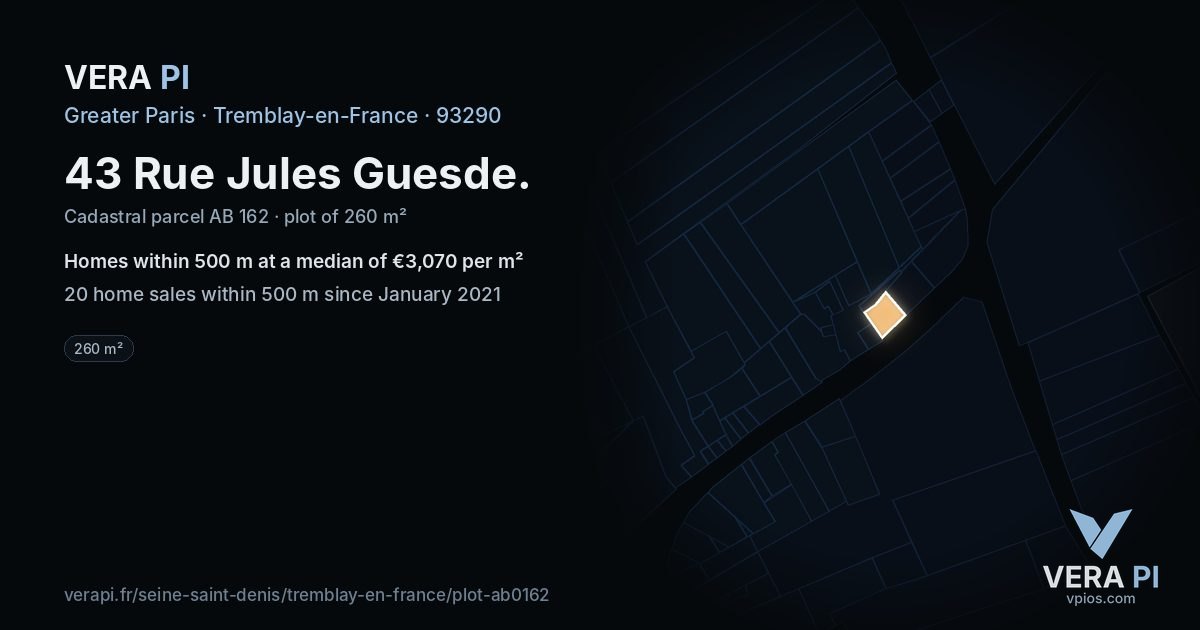 43 Rue Jules Guesde, Tremblay-en-France at night – the plot lit, the parcels around coloured by the prices near them