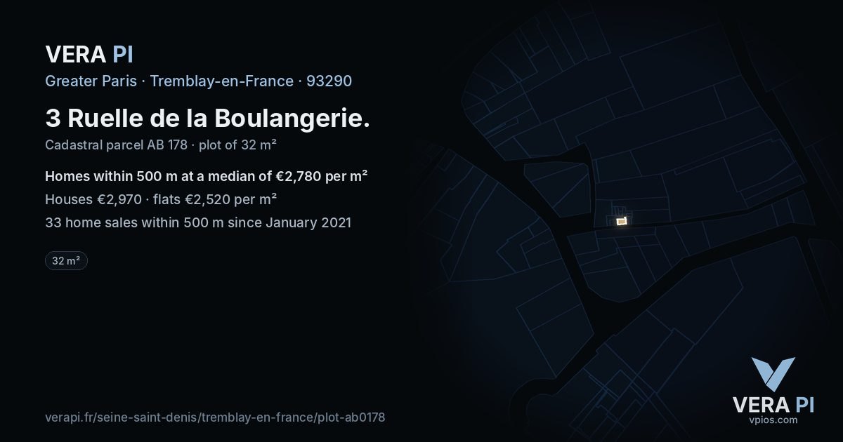 3 Ruelle de la Boulangerie, Tremblay-en-France at night – the plot lit, the parcels around coloured by the prices near them