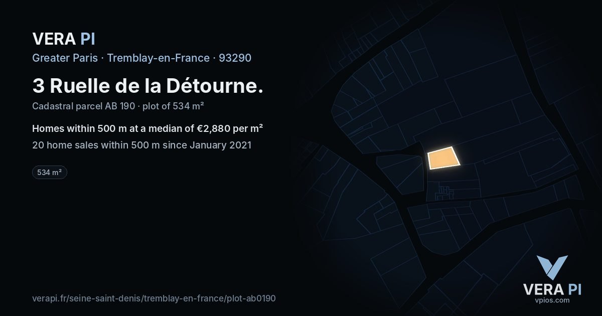 3 Ruelle de la Détourne, Tremblay-en-France at night – the plot lit, the parcels around coloured by the prices near them