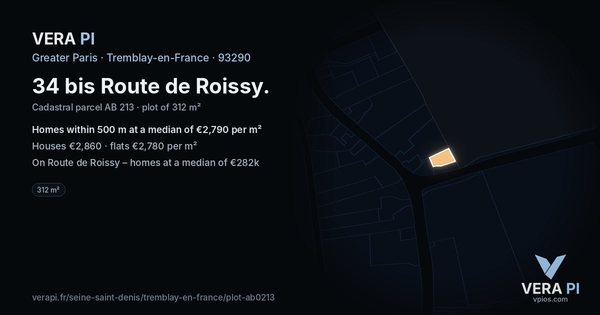 34 bis Route de Roissy, Tremblay-en-France at night – the plot lit, the parcels around coloured by the prices near them