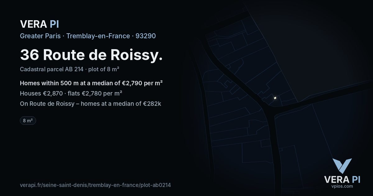 36 Route de Roissy, Tremblay-en-France at night – the plot lit, the parcels around coloured by the prices near them