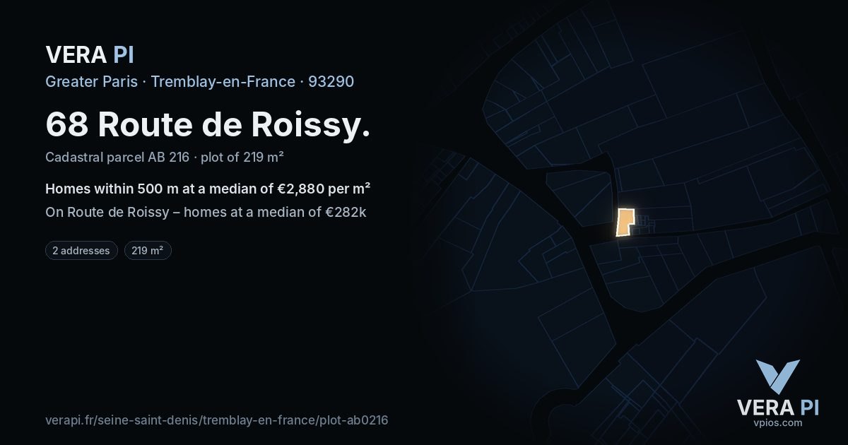 68 Route de Roissy, Tremblay-en-France at night – the plot lit, the parcels around coloured by the prices near them