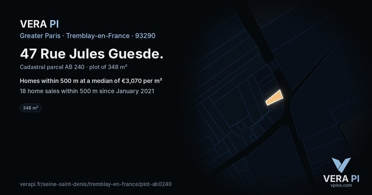 47 Rue Jules Guesde, Tremblay-en-France at night – the plot lit, the parcels around coloured by the prices near them