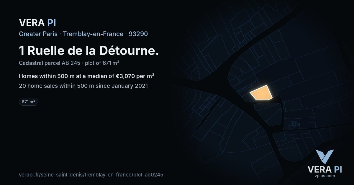1 Ruelle de la Détourne, Tremblay-en-France at night – the plot lit, the parcels around coloured by the prices near them
