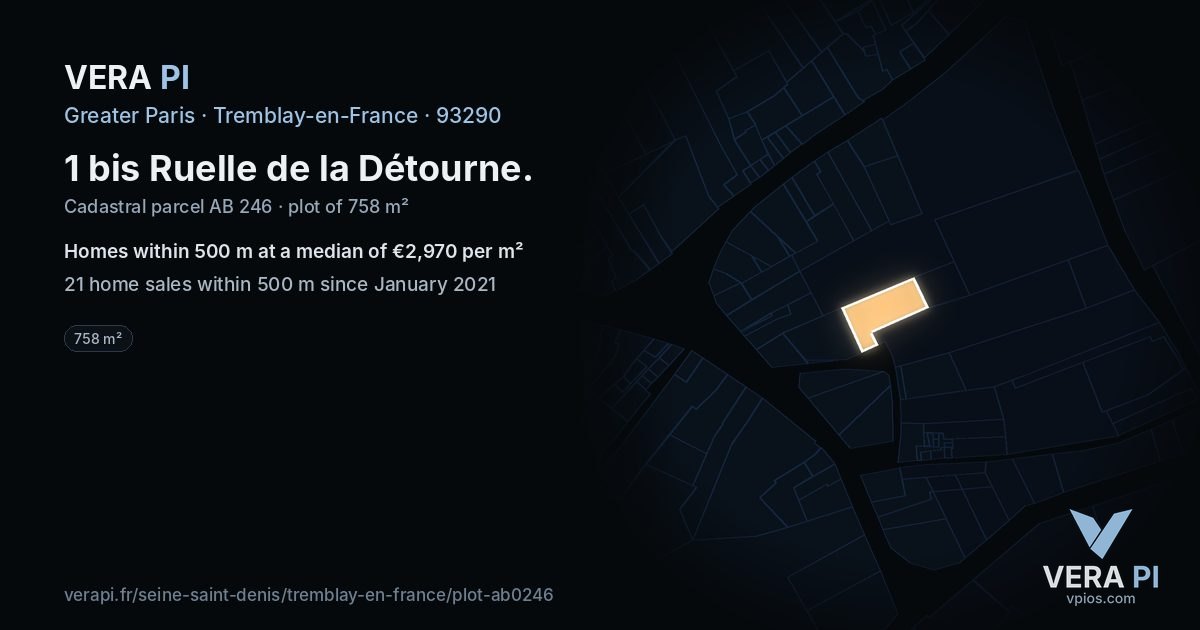 1 bis Ruelle de la Détourne, Tremblay-en-France at night – the plot lit, the parcels around coloured by the prices near them