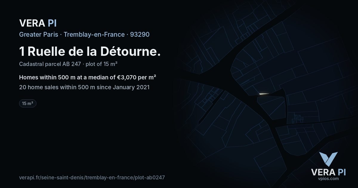 1 Ruelle de la Détourne, Tremblay-en-France at night – the plot lit, the parcels around coloured by the prices near them