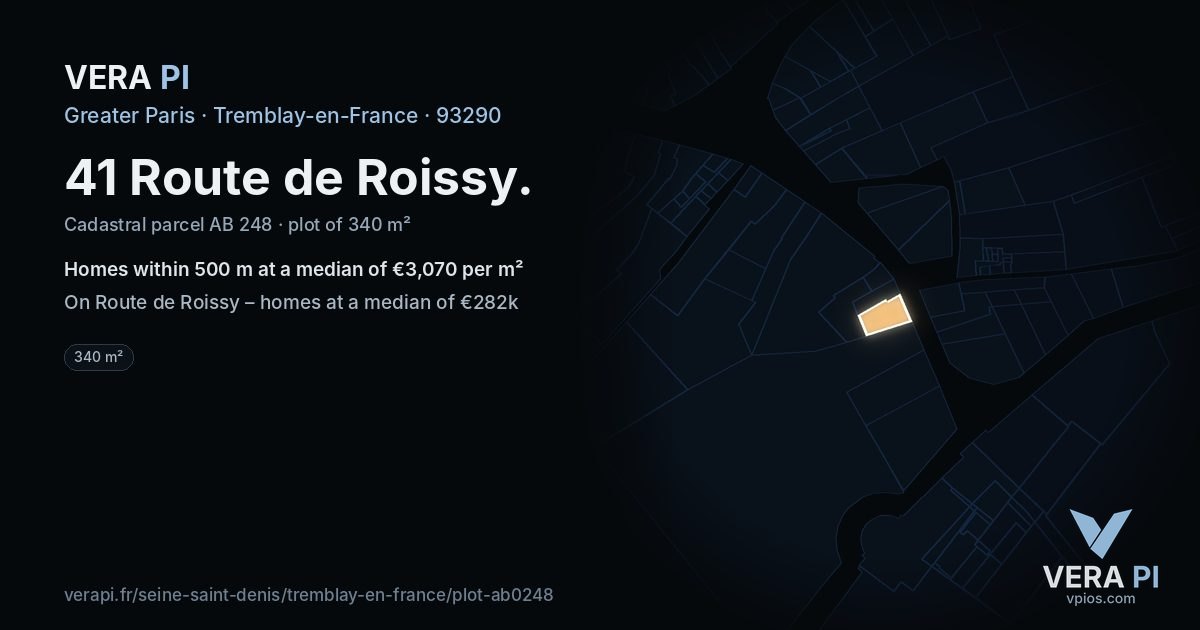 41 Route de Roissy, Tremblay-en-France at night – the plot lit, the parcels around coloured by the prices near them