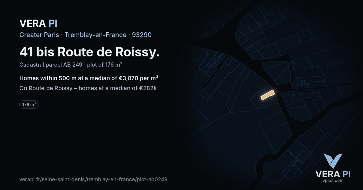 41 bis Route de Roissy, Tremblay-en-France at night – the plot lit, the parcels around coloured by the prices near them