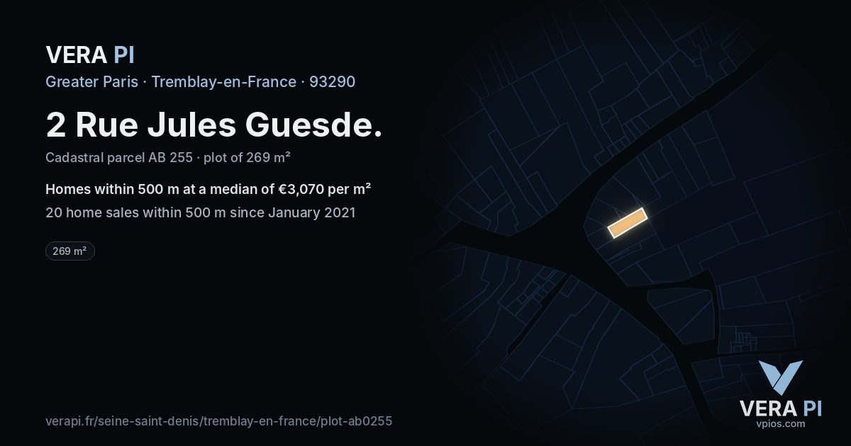 2 Rue Jules Guesde, Tremblay-en-France at night – the plot lit, the parcels around coloured by the prices near them