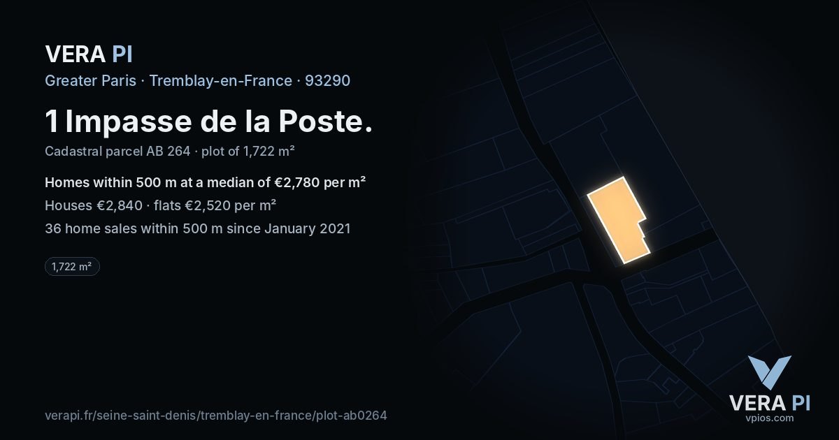 1 Impasse de la Poste, Tremblay-en-France at night – the plot lit, the parcels around coloured by the prices near them