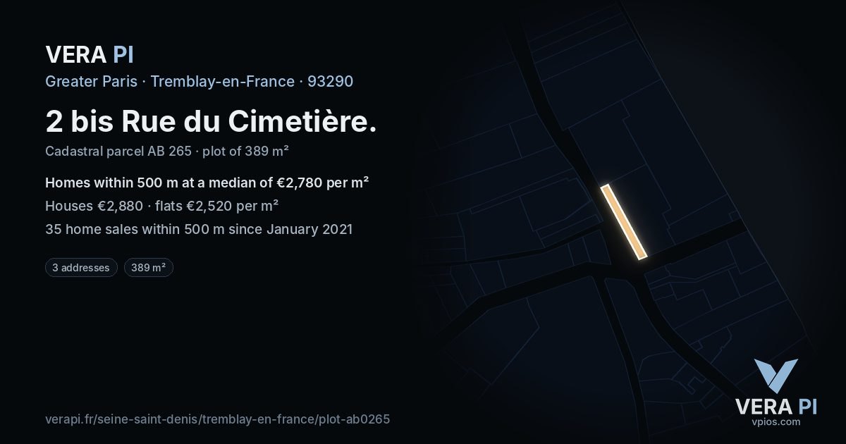 2 bis Rue du Cimetière, Tremblay-en-France at night – the plot lit, the parcels around coloured by the prices near them