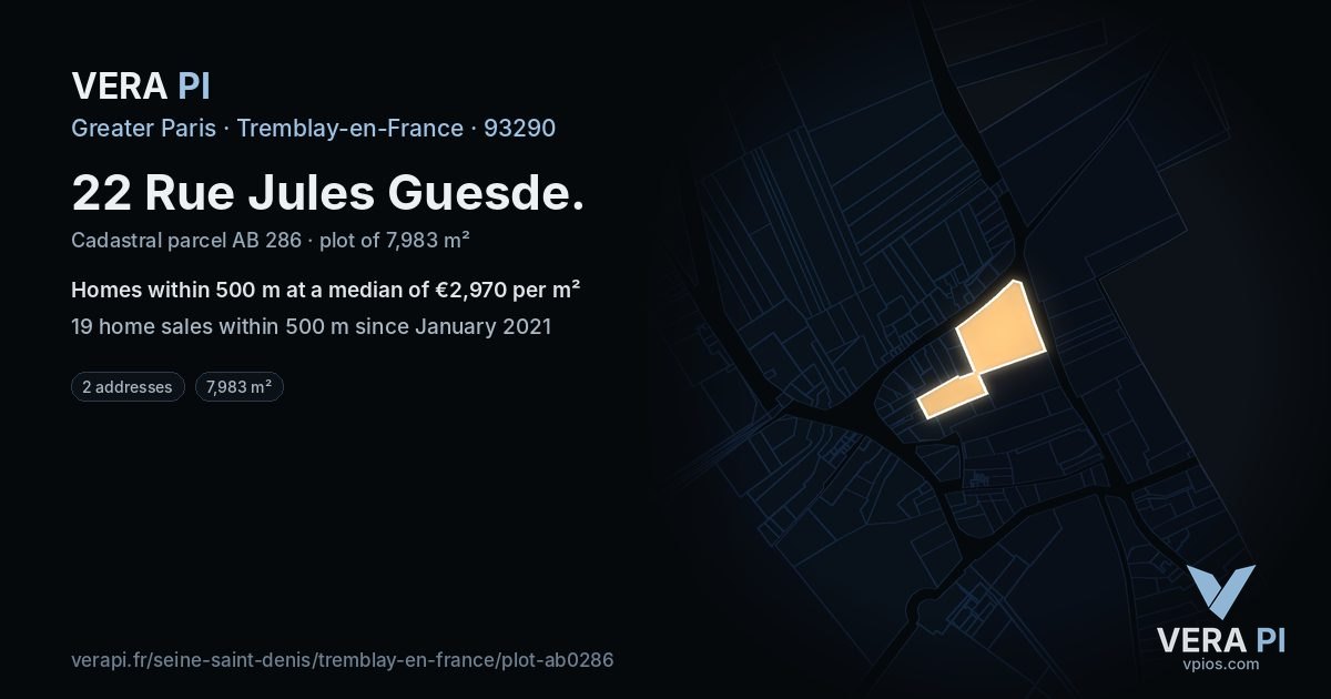 22 Rue Jules Guesde, Tremblay-en-France at night – the plot lit, the parcels around coloured by the prices near them