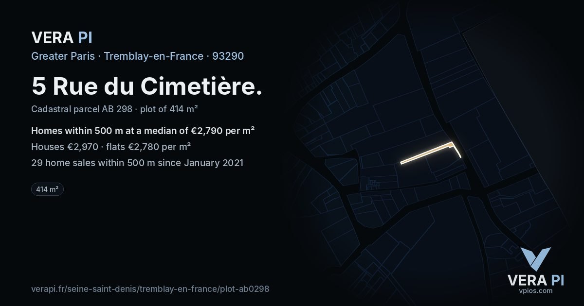 5 Rue du Cimetière, Tremblay-en-France at night – the plot lit, the parcels around coloured by the prices near them