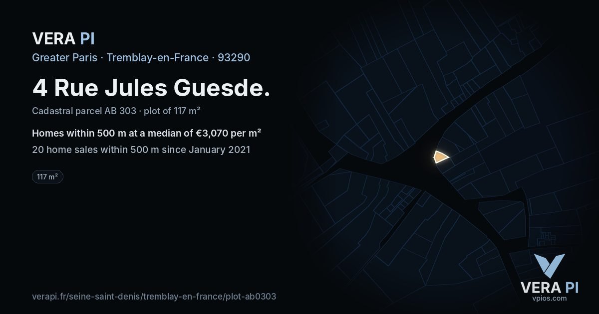 4 Rue Jules Guesde, Tremblay-en-France at night – the plot lit, the parcels around coloured by the prices near them