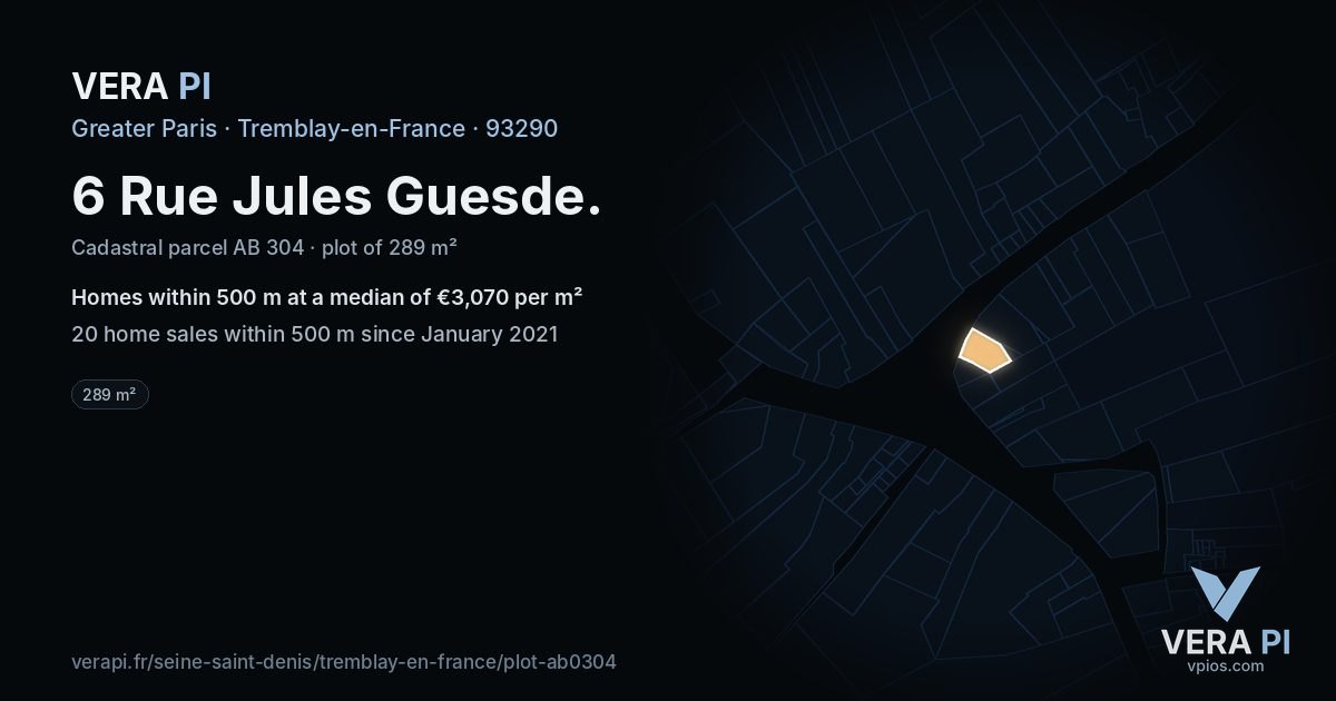 6 Rue Jules Guesde, Tremblay-en-France at night – the plot lit, the parcels around coloured by the prices near them
