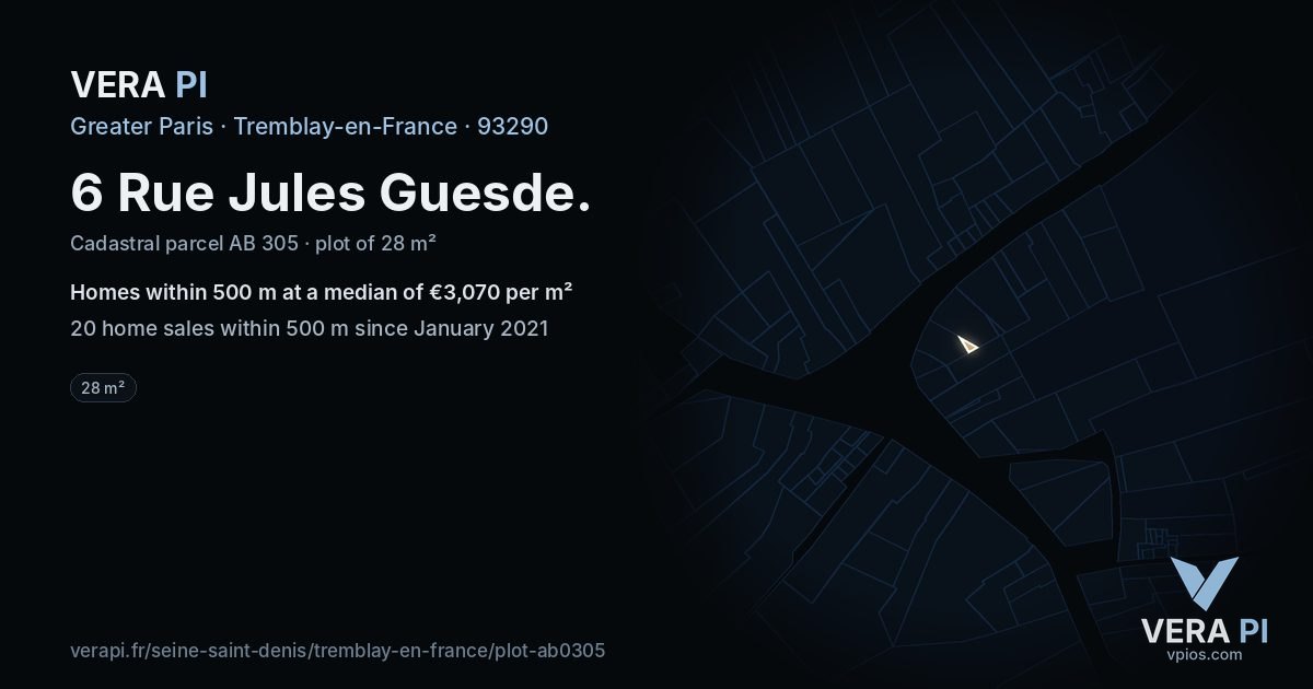 6 Rue Jules Guesde, Tremblay-en-France at night – the plot lit, the parcels around coloured by the prices near them
