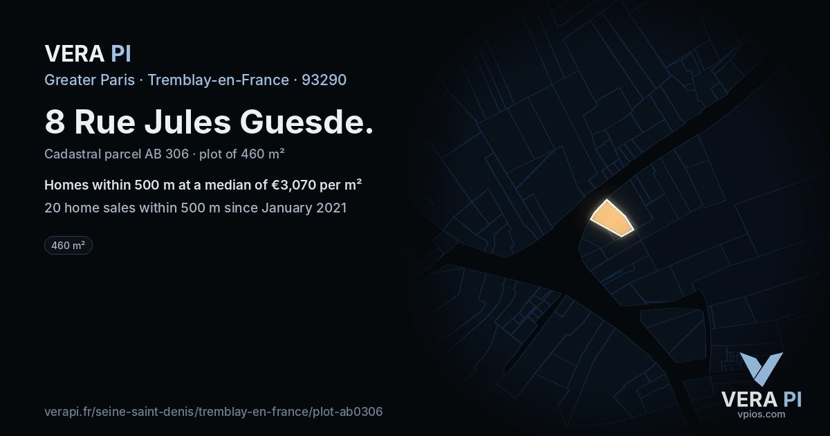 8 Rue Jules Guesde, Tremblay-en-France at night – the plot lit, the parcels around coloured by the prices near them