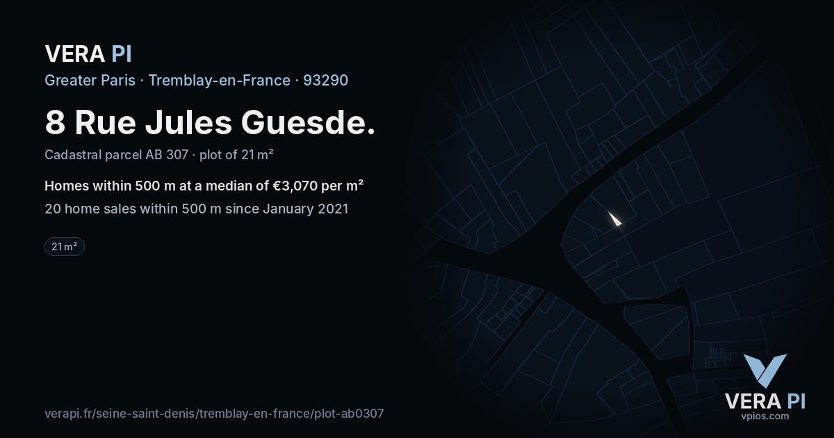 8 Rue Jules Guesde, Tremblay-en-France at night – the plot lit, the parcels around coloured by the prices near them