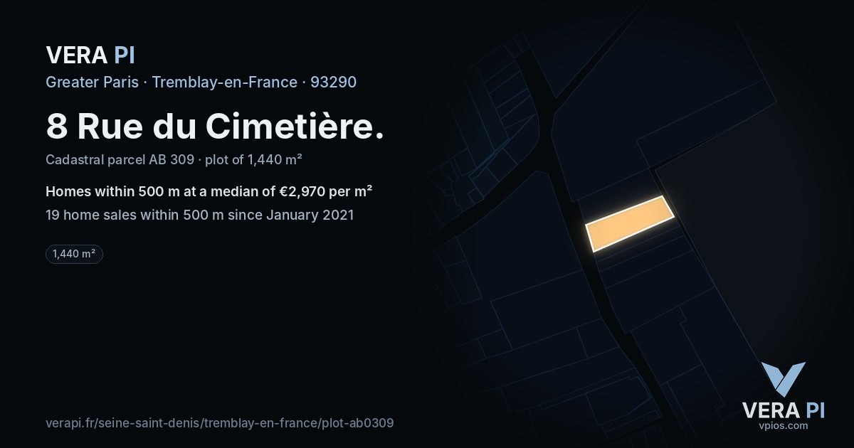 8 Rue du Cimetière, Tremblay-en-France at night – the plot lit, the parcels around coloured by the prices near them