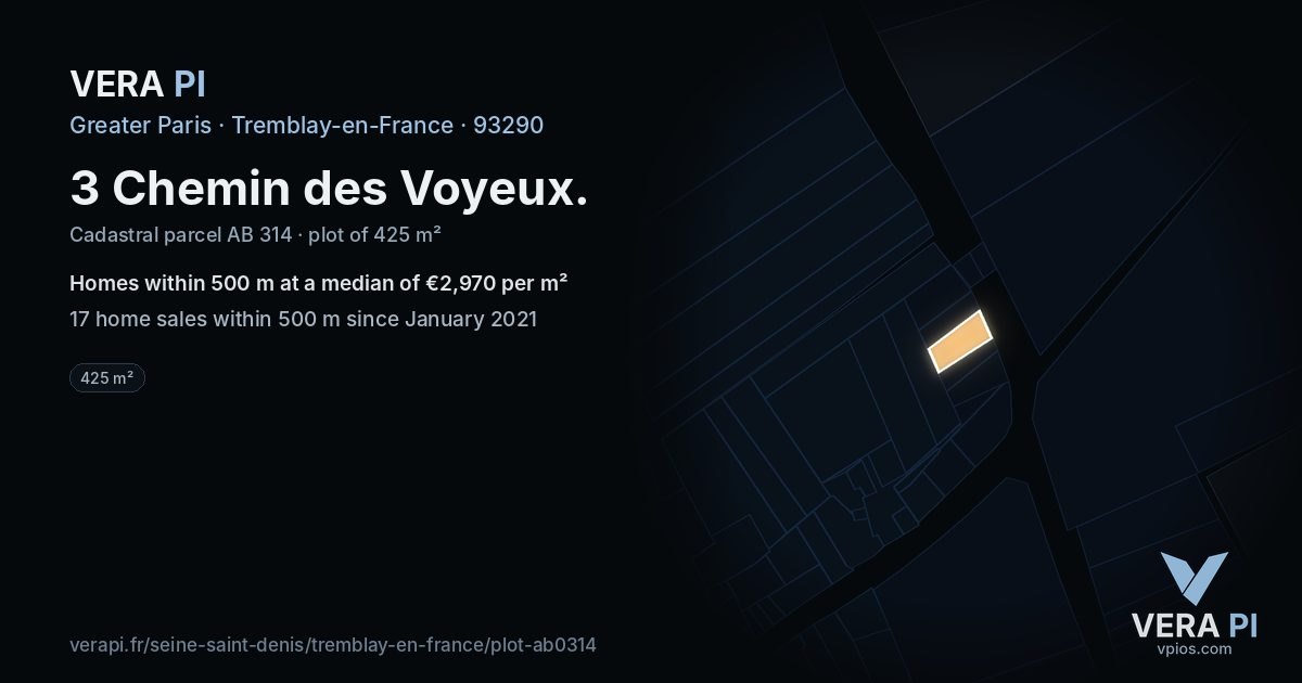 3 Chemin des Voyeux, Tremblay-en-France at night – the plot lit, the parcels around coloured by the prices near them