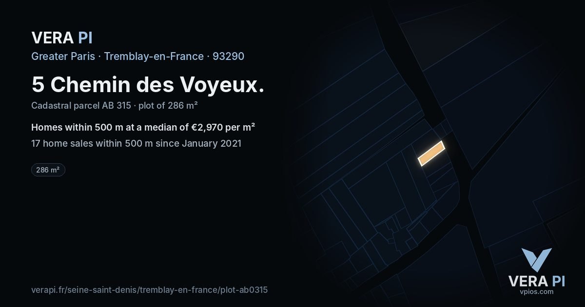 5 Chemin des Voyeux, Tremblay-en-France at night – the plot lit, the parcels around coloured by the prices near them